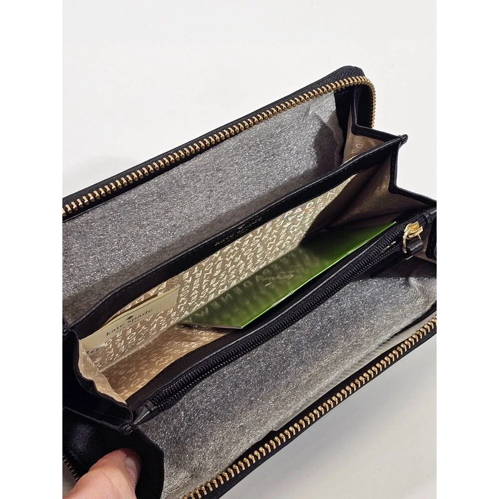 Kate Spade New York Striped Patent Leather Zip‎ Around Wallet Black Cream Clutch